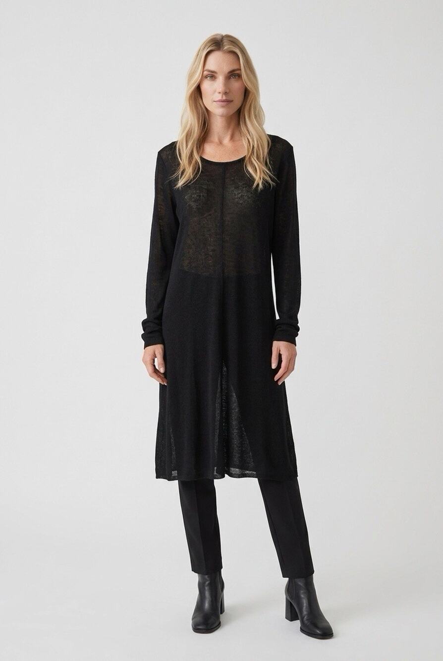 Eileen Fisher Size XL Organic Linen Blend Semi Sheer A-Line Tunic Dress Black